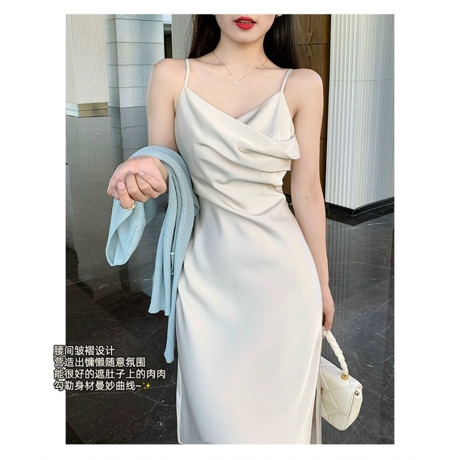 Đầm dáng xòe lụa 2 dây cổ đổ siêu xinh, váy maxi xẻ tà 1 bên tôn dáng - DTH