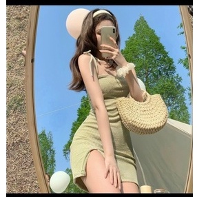 đầm 2 dây xanh cột nơ vai xẻ đùi hot chất gân mềm l