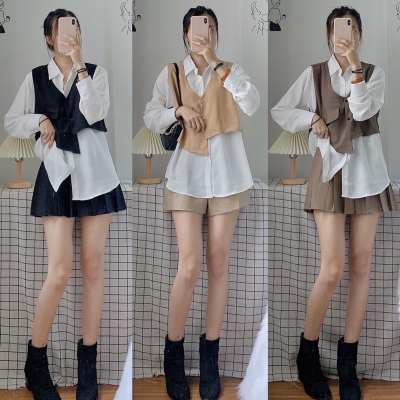 Set đồ Jenie gồm áo sơ mi kèm gile Set gile sang chảnh phong cách Hàn Quốc