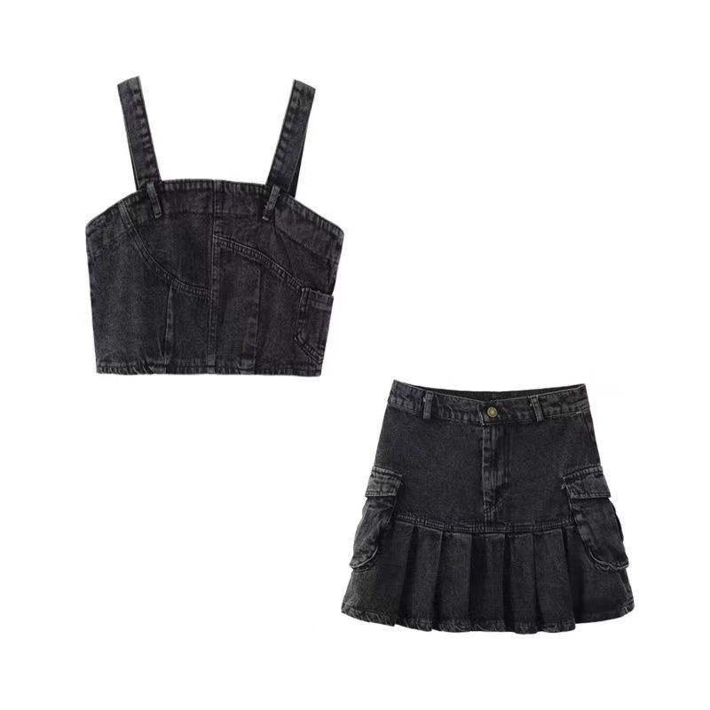 Bộ đồ JSC gồm áo hai dây denim và chân váy chữ A lưng cao xếp ly thời trang mùa hè cho nữ