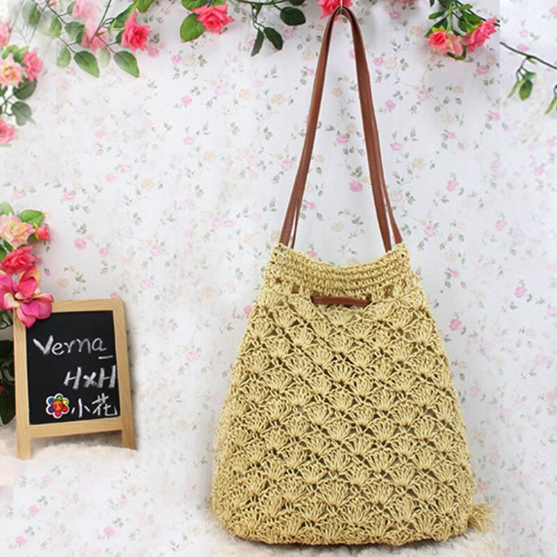Túi cói Bucket đeo vai - dây rút tua rua - đan hoa văn vỏ sò - phong cách Vintage