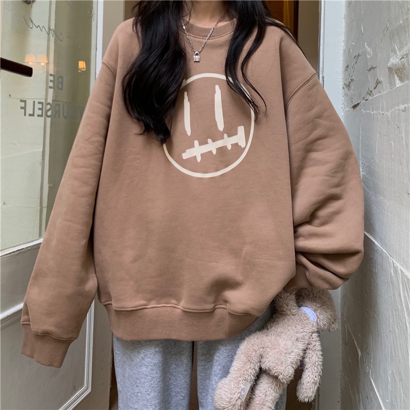 Áo Nỉ Nữ Dài Tay Cổ Tròn In Hình Hoạt Hình Thời Trang Hàn