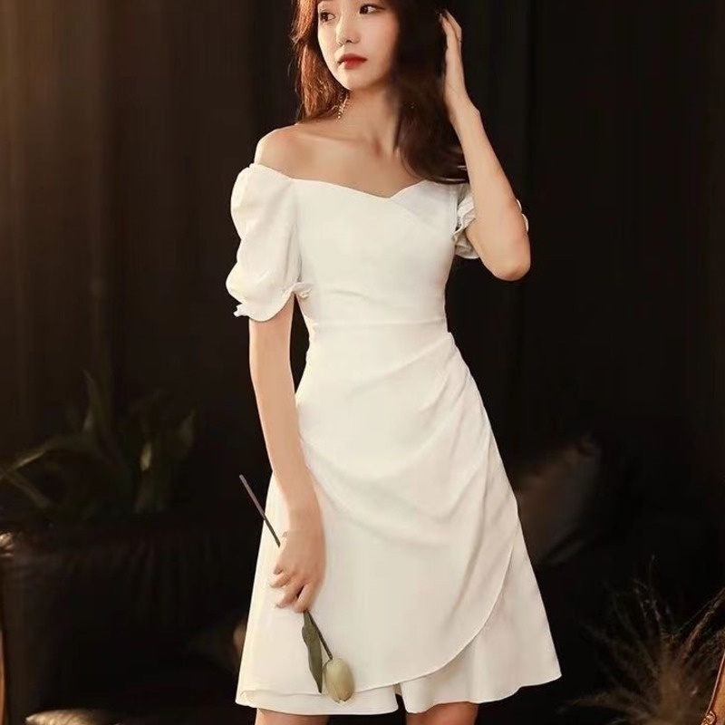 Đầm Tay Ngắn Màu Trắng Thời Trang 154894 Đầm Tay Ngắn Cổ Vuông Dáng Chữ a Thời Trang Dành Cho Nữ