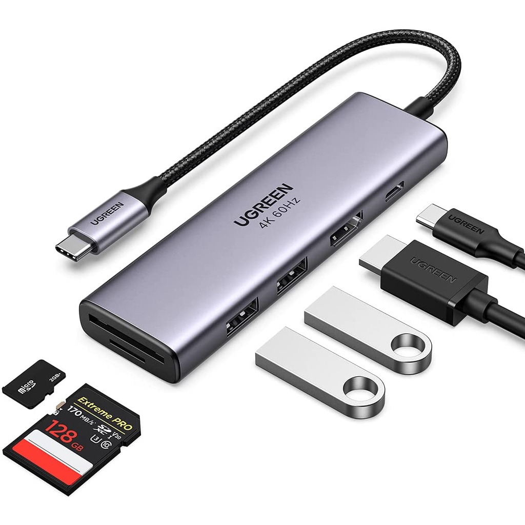 Ugreen 60384 4K 60Hz Bộ chuyển Type C Sang HDMI + USB 3.0*2 + SD/TF + PD 100W