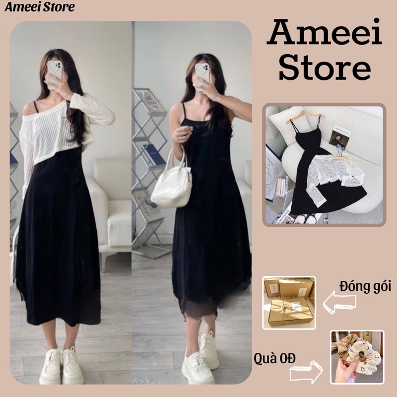 Set váy hai dây suông dài trơn chất thun gân kèm áo croptop lưới 2 màu đen nâu đầm bầu phong cách hàn quốc sexy