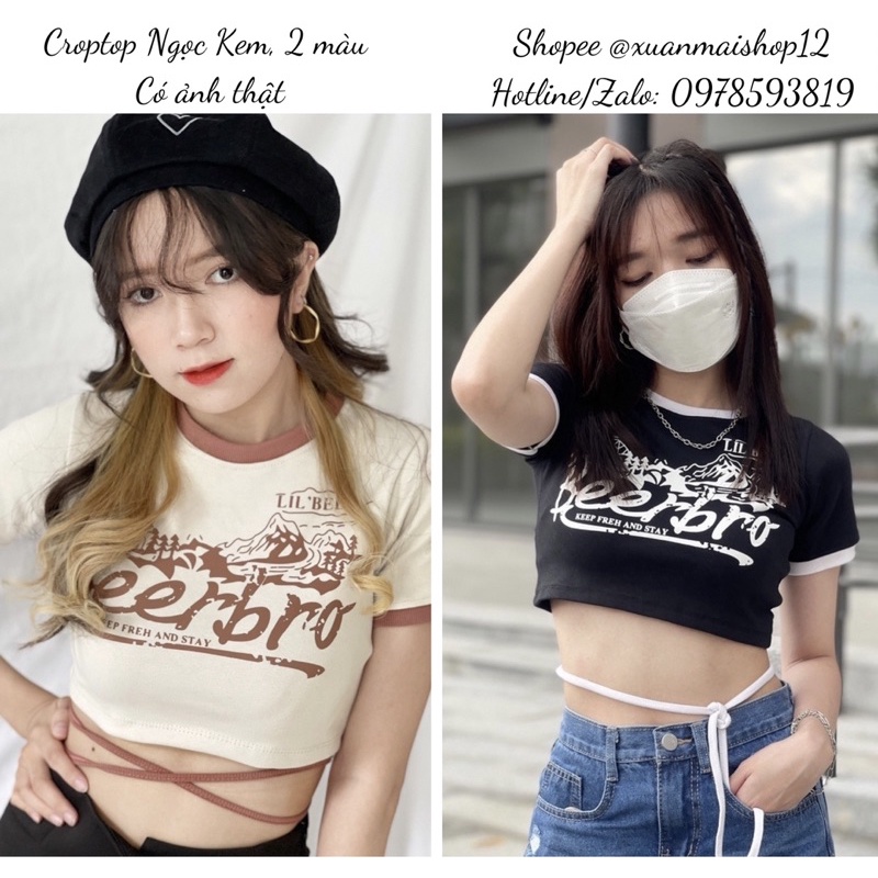[FREESHIP] Áo croptop nữ tay ngắn cổ tròn viền cột dây giống Ngọc Kem mặc