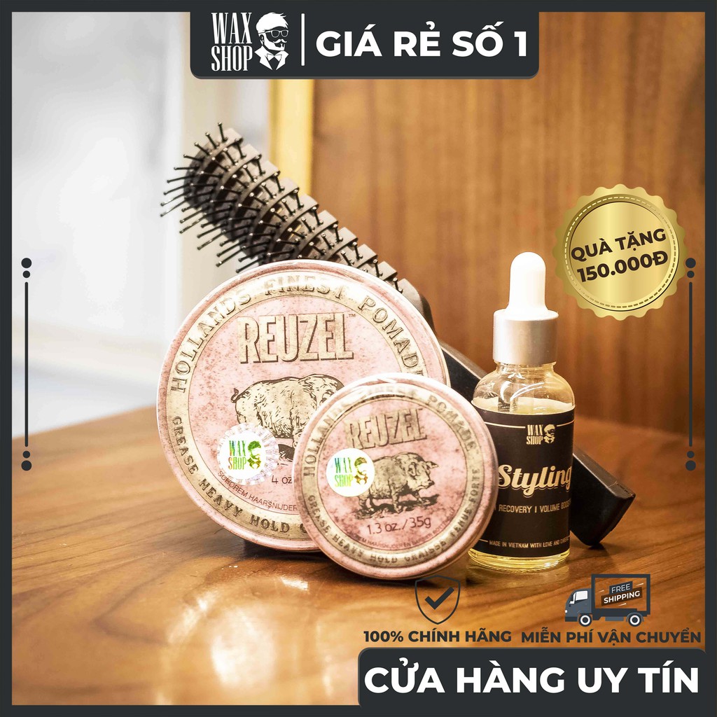 Sáp Vuốt Tóc Reuzel Pink Heavy Hold Grease 35gr | 113gr ⚡[Chính Hãng] ⚡Siêu Thơm. Tặng Kèm Pre-Styling Oil và Lược Toni.