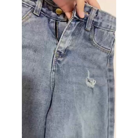 Quần jean ống rộng cạp cao rách gối mài ống,chất bò không giãn dáng suông-Minxy shop