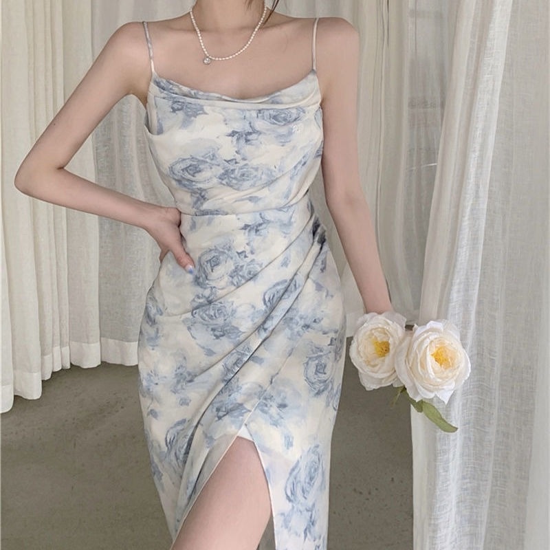 Đầm Lửng Hai Dây Xẻ Tà In Họa Tiết Hoa Thời Trang Mùa Hè Chất Lượng Cao Cho Nữ