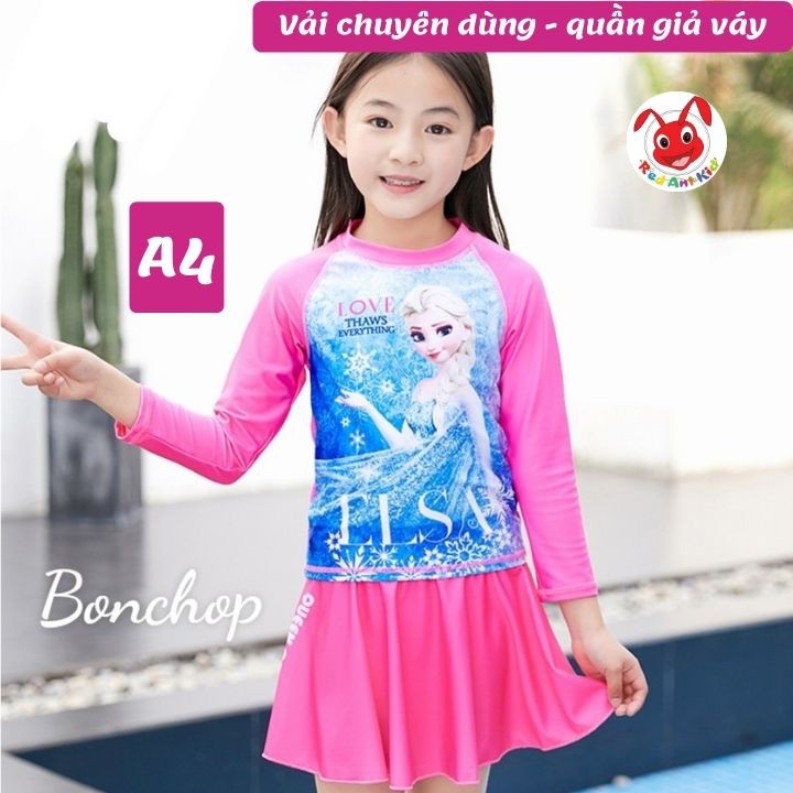Đồ bơi bé gái tay dài hình Elsa - Pony từ 10-39kg -quần giả váy tạo cảm giác tự tin- thoải mái- Red Ant Kids