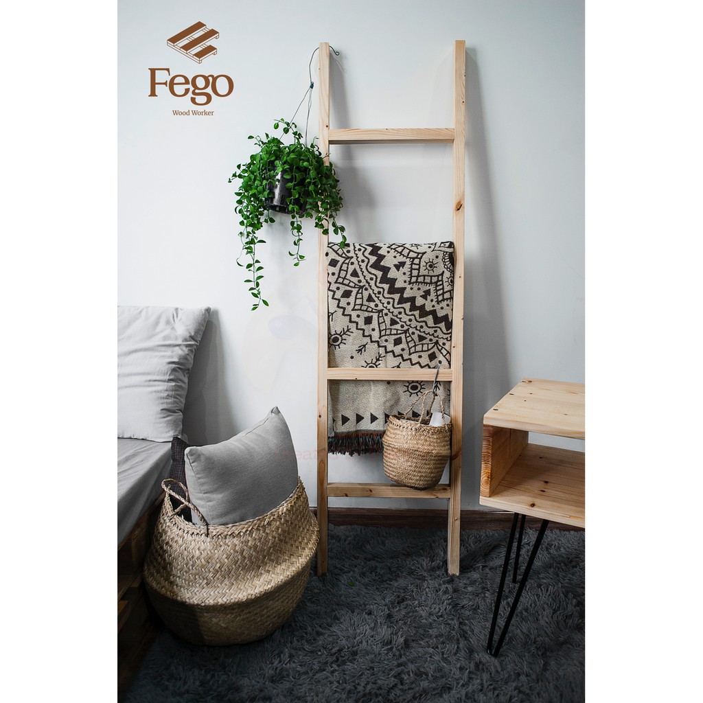 Thang treo đồ gỗ decor, trang trí nhà cửa màu gỗ tự nhiên/ Kệ nhà tắm FEGO