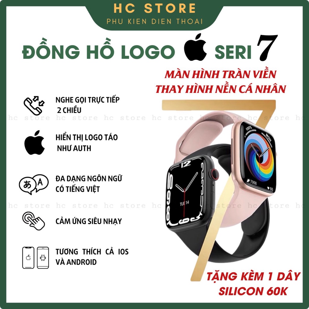 Đồng hồ thông minh Watch Series 7 Logo Táo, Tràn viền, Nghe Gọi, Sạc không dây, Thay hình nền, Chơi game, Tiếng Việt