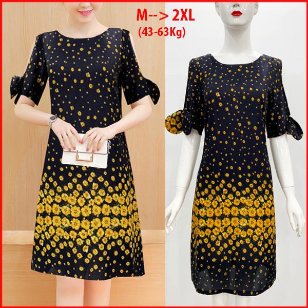 GOTI – Đầm Suông Công Sở Kiểu Chữ A In Hoa Cúc Vàng Tay Ngắn Đính Nơ Cổ Tròn 3222