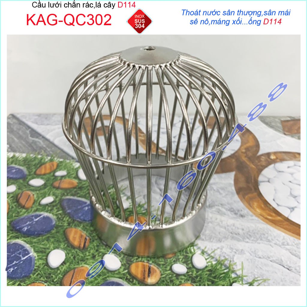 Cầu chắn rác sân thượng KAG-QC302 (ống D114), Cầu chặn rác Inox 304 đế thấp thả ống D114 lưới lọc rác thoát nước mư