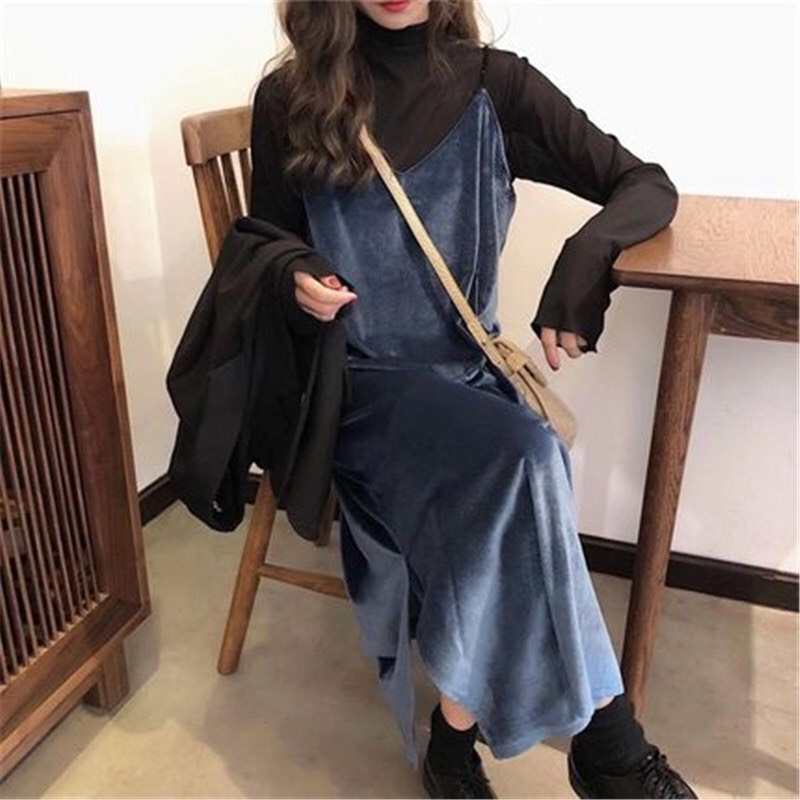 Váy nhung hai dây dáng rộng hàn quốc nhung the D882