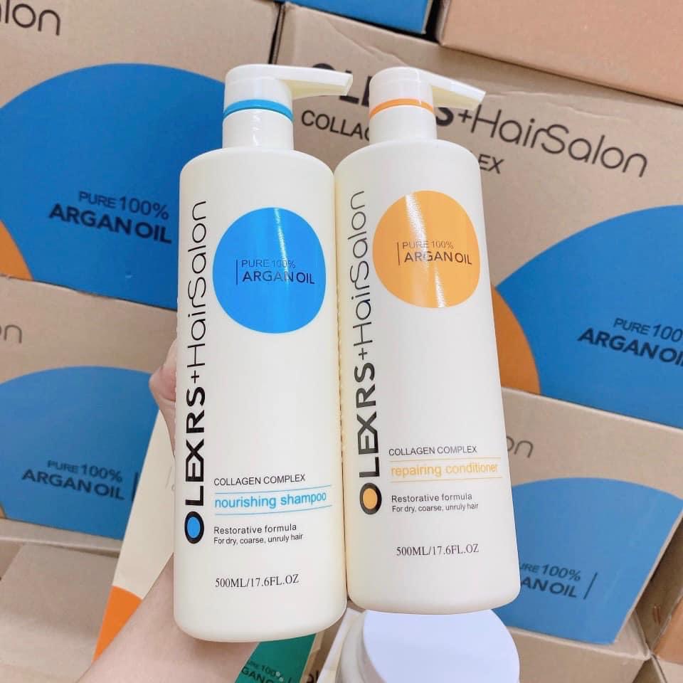Set Gội xả Olexrs Phục Hồi Giảm Rụng Kích Mọc Tóc Argan Oil Collagen Hair Salon 500ml