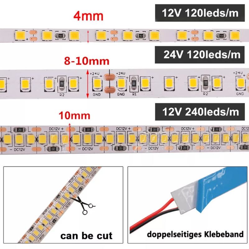Đèn led dây dán máng nhôm 12V 2835 120leds/m rộng 8mm cho decor chiếu sáng tủ bếp, tủ rượu, tủ quần áo