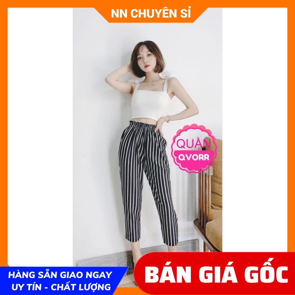 Quần Baggy nữ lưng cao Vải Thun mềm mịn mát co giãn tốt in hoạt tiết sọc thời trang