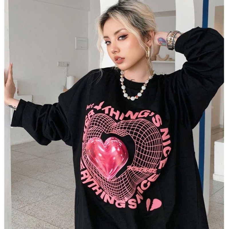 Áo thun sweater tay dài in hình trái tim thời trang xuân thu