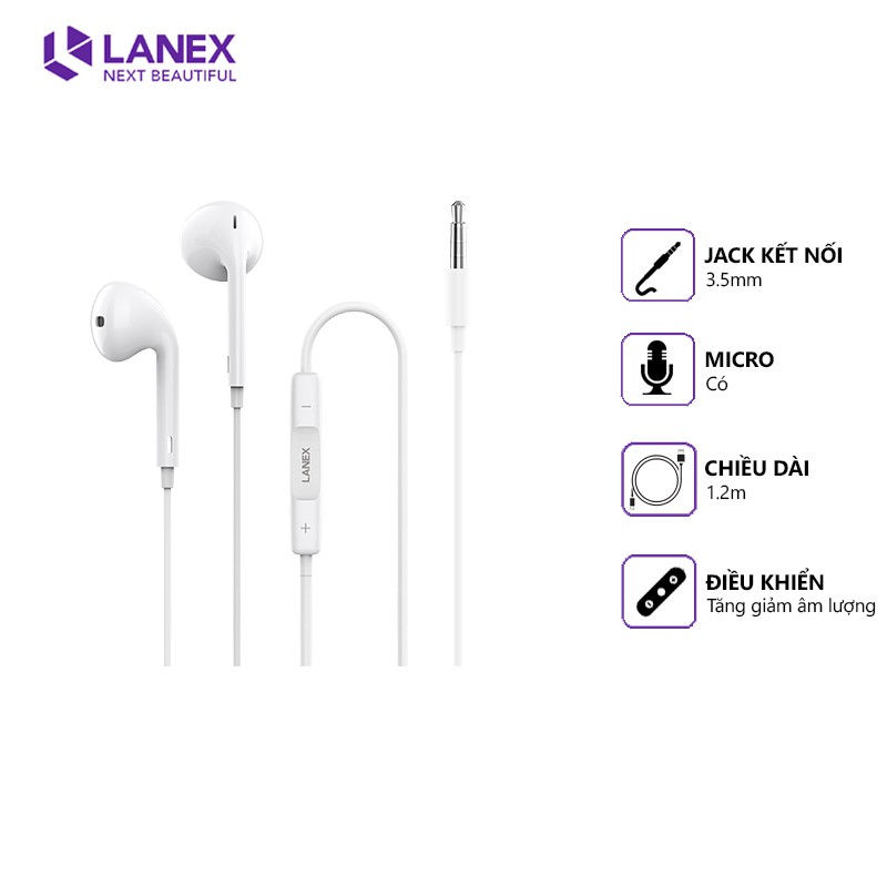 [Mã 2404EL10K giảm 10K đơn 20K] Tai nghe dây LANEX LEP - L08 jack 3.5mm, dài 1.2m, tương thích nhiều thiết bị