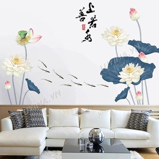 Decal dán tường trang trí phòng khách, phòng ngủ, phòng ăn,quán cafe - Đầm sen trắng