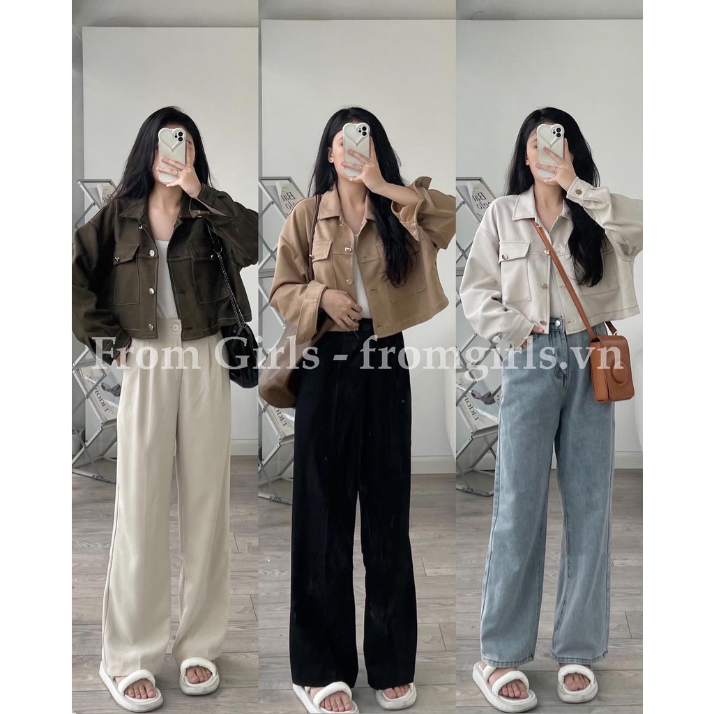 Áo khoác da lộn dáng lửng có đệm vai túi nắp, áo khoác croptop style Hàn Quốc - AK14