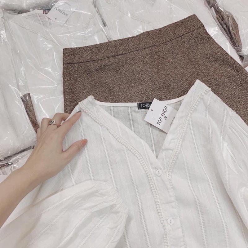 KÈM ẢNH THẬT Set áo đũi trắng chân váy nâu