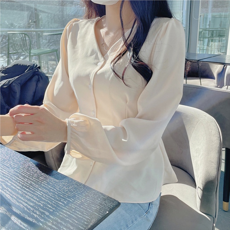 SUXI Áo Sơ Mi Tay Phồng Dài Cổ Chữ V Màu Sắc Trơn Phong Cách Vintage Hàn Quốc Cho Nữ