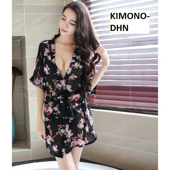 Áo choàng ngủ nữ sexy kimono kèm quần lót lọt khe đi biển voan hoa gợi cảm | BigBuy360 - bigbuy360.vn