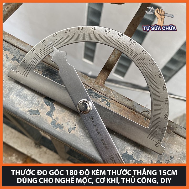 Thước đo góc 180 độ kèm thước thẳng 15cm dùng cho nghề mộc, cơ khí, thủ công, DIY