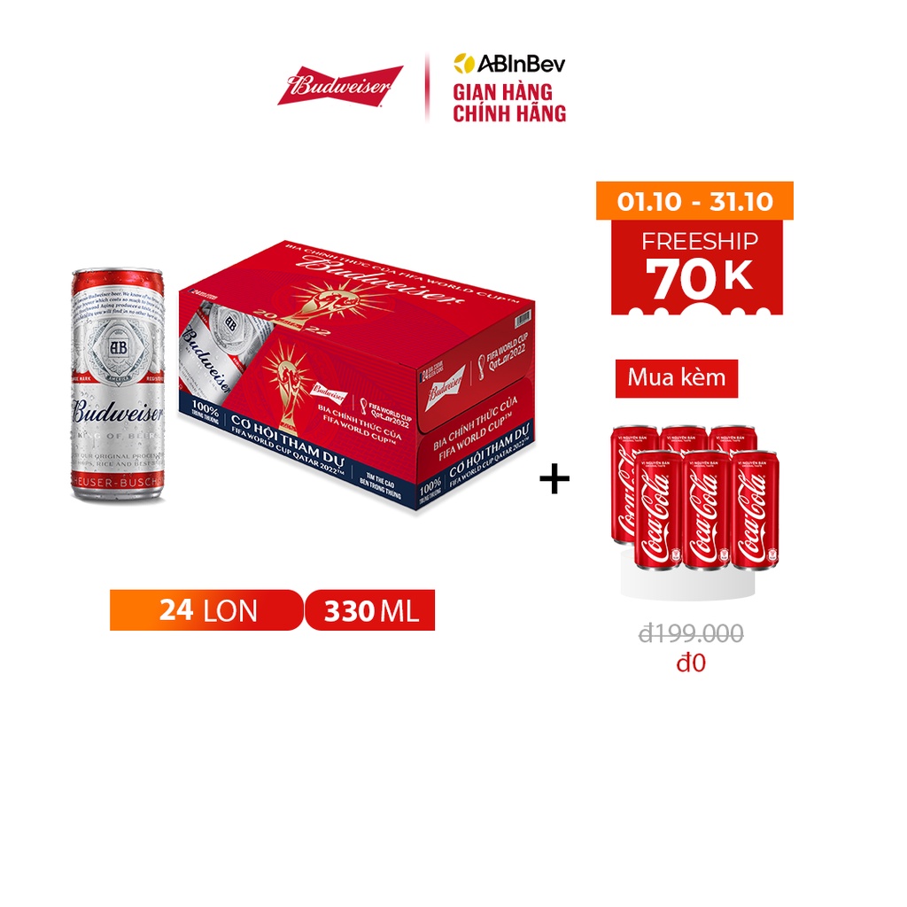 Thùng 24 Lon Bia Budweiser Sleek Can Chính Hãng (330ml/ lon) - phiên bản FIFA World Cup