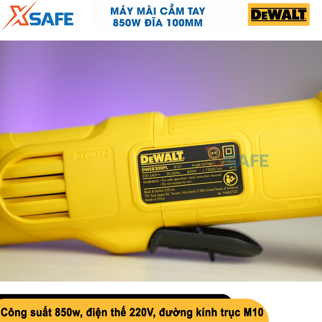 Máy mài góc cầm tay DEWALT 850W, đường kính đĩa 100mm, trục M10, cắt sắt cầm tay có nút khoá trục, tốc độ 12000v/p