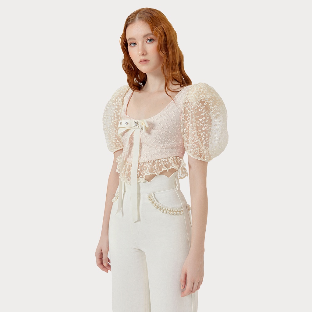 DEAR JOSÉ - Áo croptop tay phồng Milky Way vải ren kem