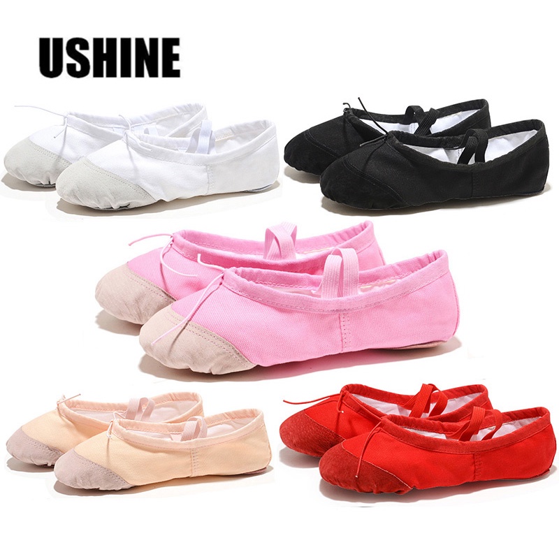 Ushine Giày vải Canvas đế phẳng tập Yoga múa ba lê/Yoga/thể dục dụng cụ/Yoga/thể dục dụng cụ đầu lông phối da màu đỏ/đen/hồng cho trẻ em