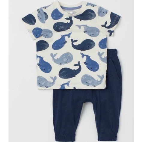 Bộ áo cộc quần dài cho bé - Set bộ cotton cá heo kèm quần dài HM cho bé trai size 1-6t