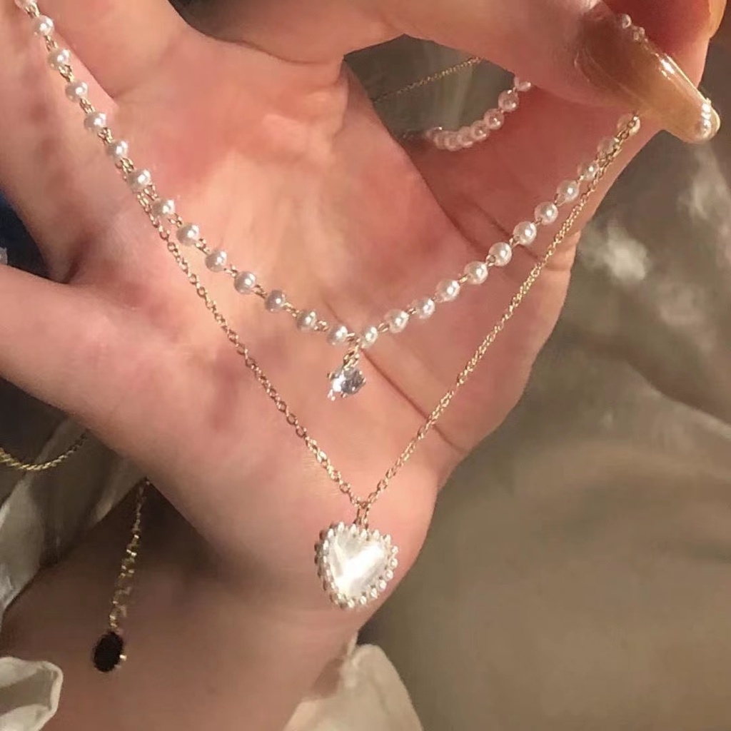 iF YOU Vòng cổ Choker Hai Lớp Mặt Trái Tim Đính Ngọc Trai Thời Trang Cho Nữ