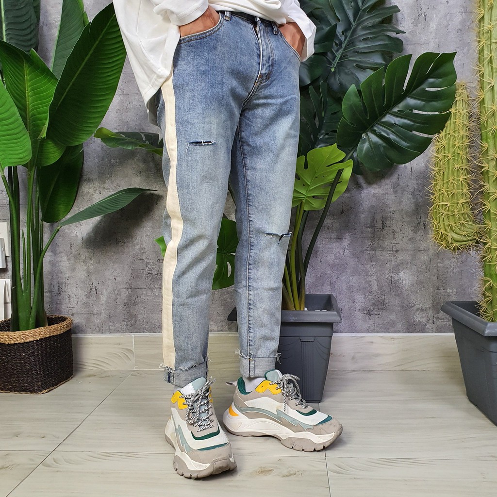 Quần jean nam W2P skinny jeans xanh sọc trắng rách đùi gối 851
