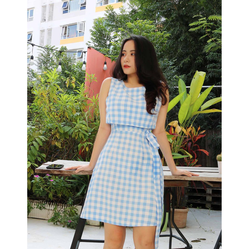 Đầm xanh caro công sở sát nách thiết kế xinh cá tính năng động mềm mát - Thời trang Lux W | BigBuy360 - bigbuy360.vn