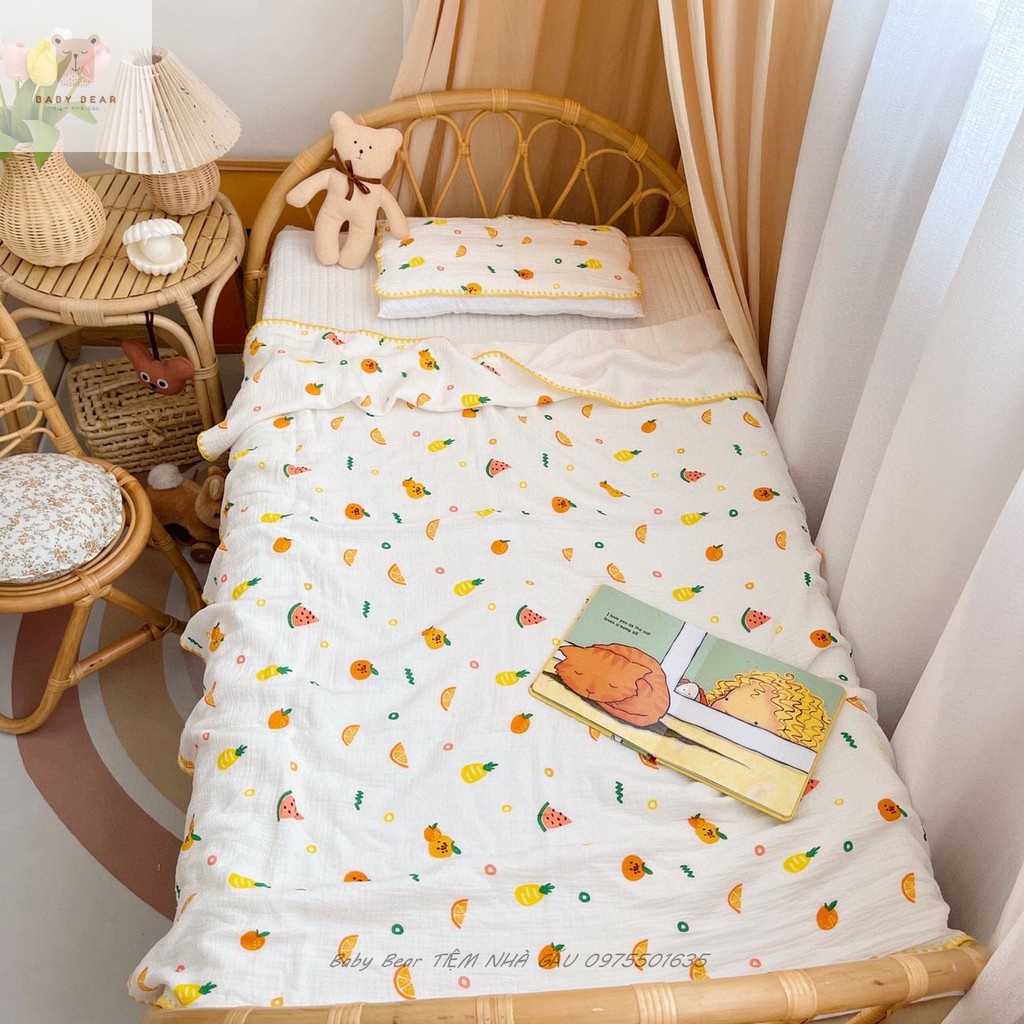 (6 mẫu) Set chăn gối xô cao cấp viển ren cho bé Xô Muslin Hàn Quốc không xù kích thước 105*110cm