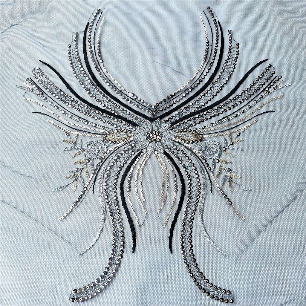 1 Miếng Vải Ren Hoa 3D 40 * 39CM Màu Đen Thêu Thủ Công Trang Trí Váy Cưới