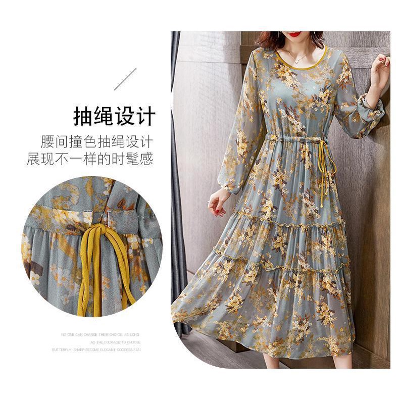 Đầm Lụa Dài Tay In Họa Tiết Thời Trang Mùa Thu Dành Cho Nữ