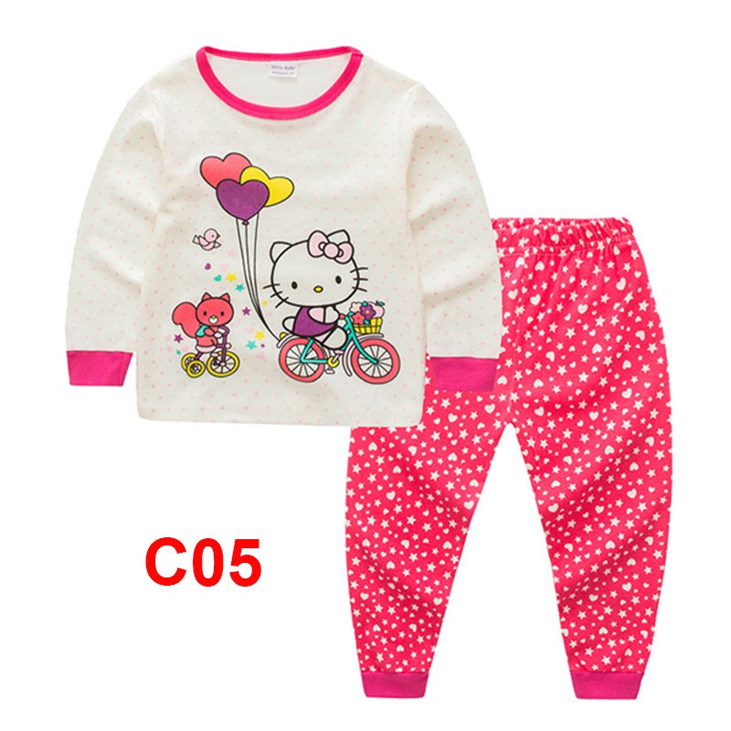 Bộ Đồ Ngủ 2 Món Áo Tay Dài + Quần Dài Vải Cotton In Hoạt Hình Hello Kitty Dễ Thương Cho Bé Gái