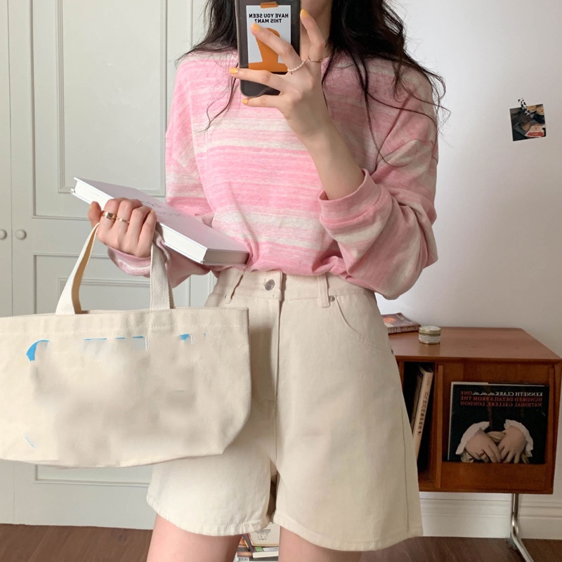「HOME5」 Áo Thun Tay Dài Dáng Rộng Họa Tiết Kẻ Sọc Thiết Kế Mới 2021 Thời Trang Xuân Thu Cho Nữ