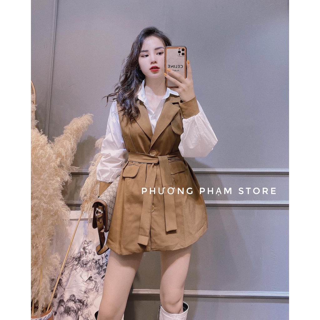 Set áo sơ mi dài tay phối gile nâu kèm đai năng động cá tính