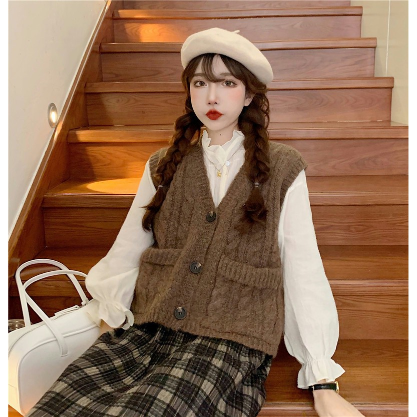 Áo gile len nâu mix sơ mi bèo xinh | BigBuy360 - bigbuy360.vn