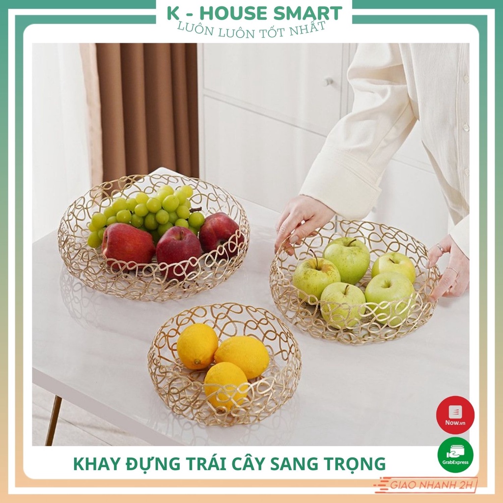 Khay đựng đồ ăn trái cây kim loại thiết kế dạng lưới sang trọng, đĩa trái cây hiện đại để bàn phòng khách