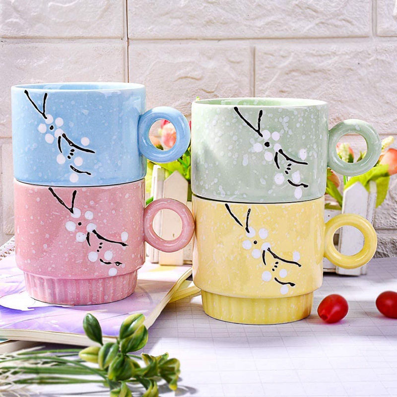 Set 4 cốc uống cà phê bằng sứ có giá đỡ có thể xếp chồng lên nhau