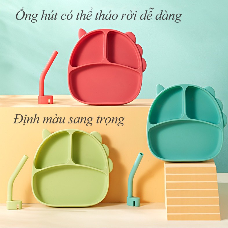 Khay ăn dặm Silicone Beedol cao cấp cho bé có đế hút chân không chống đổ, tặng kèm vòi hút