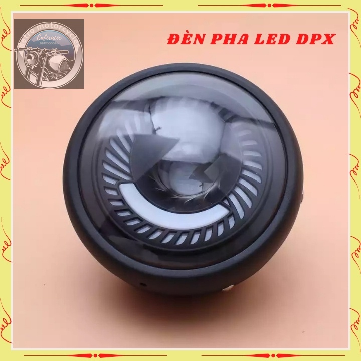 Đen led pha cao cấp, đèn xe máy độ CAFE RACER dạng xoắn gáo sắt sơn đen mặt kính