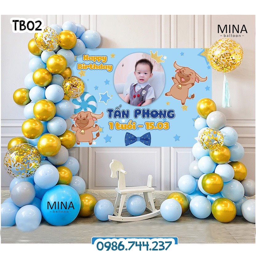 Set Bóng Trang Trí Sinh Nhật Kèm Phông In Tên Tuổi Bé Hình Trâu